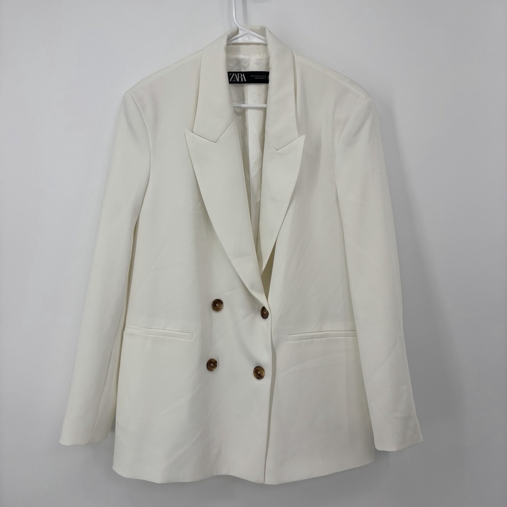 ZARA Womens Blazer White Double Breasted Size Medium Oversized Work Career